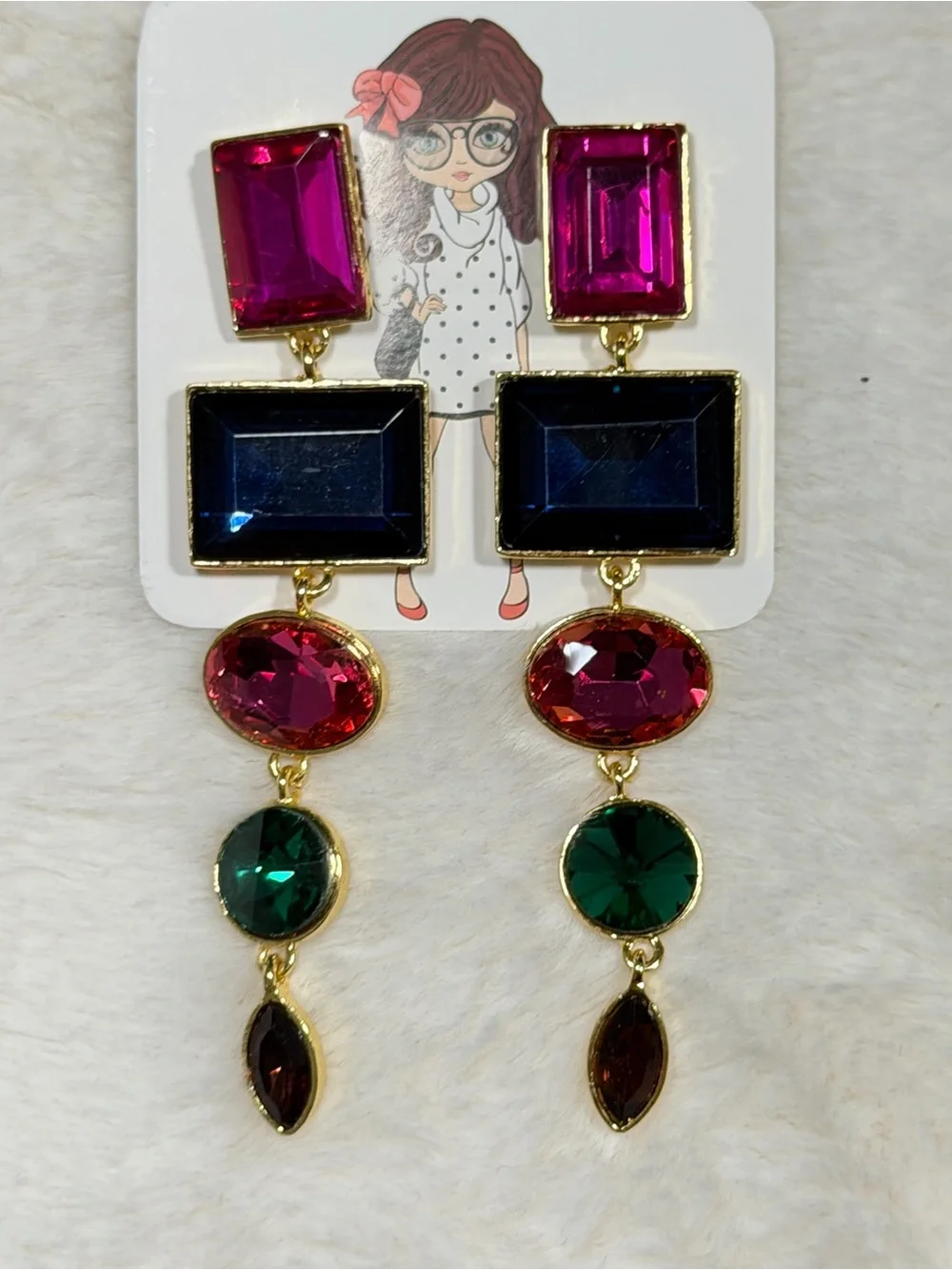 Gold-Tone Multicolor Gem Drop Earrings (Pink, Blue, Green)